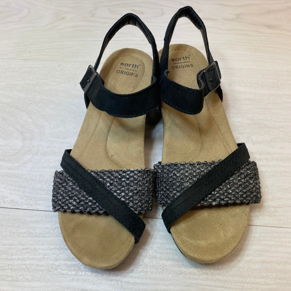 Earth Origins Womens 9.5M Wedge Sandals Kendra Kennedy Black Leather Cork Heel